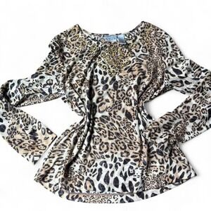 Animal Print Y2K Leopard Beaded Blouse Pop 2000s Chicos Gold